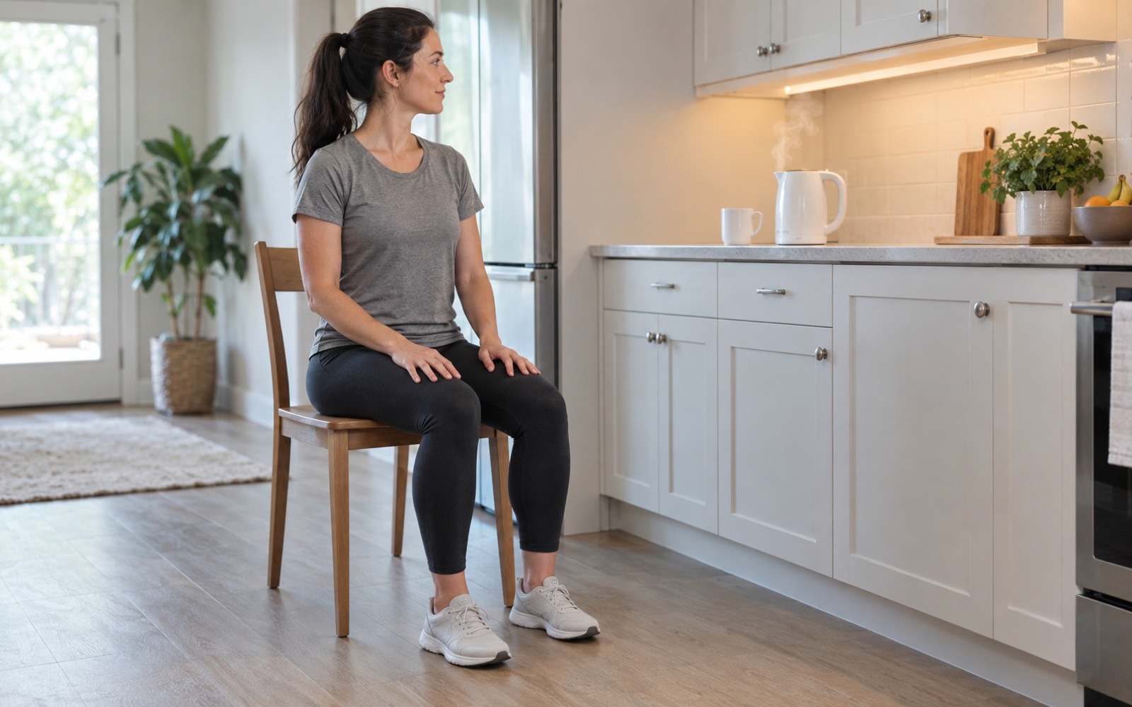 A woman sits upright on a kitchen chair with her feet flat on the floor while a kettle boils nearby
