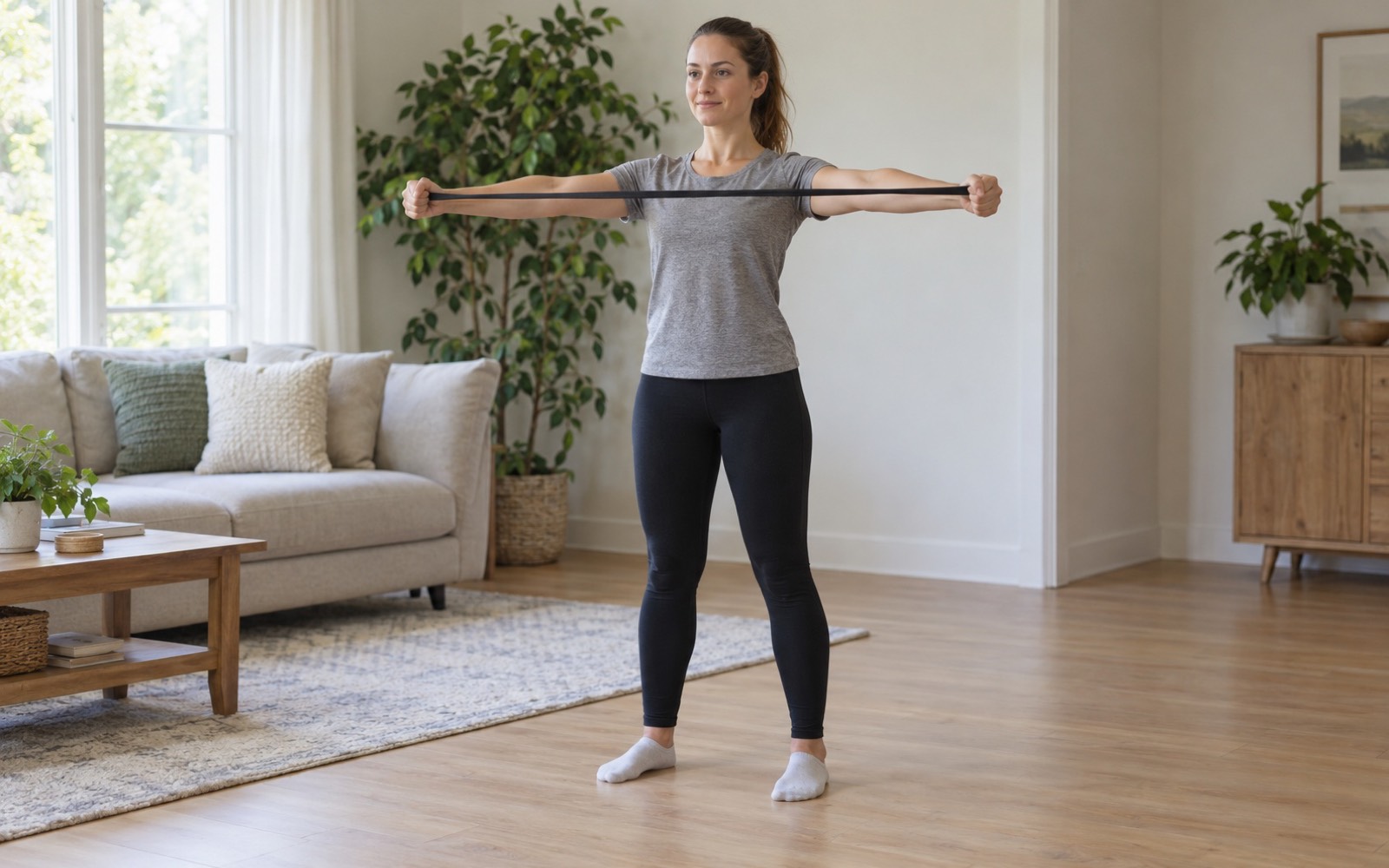 A woman at home performing a band pull-apart for the rear delt, straight arms at chest height.
