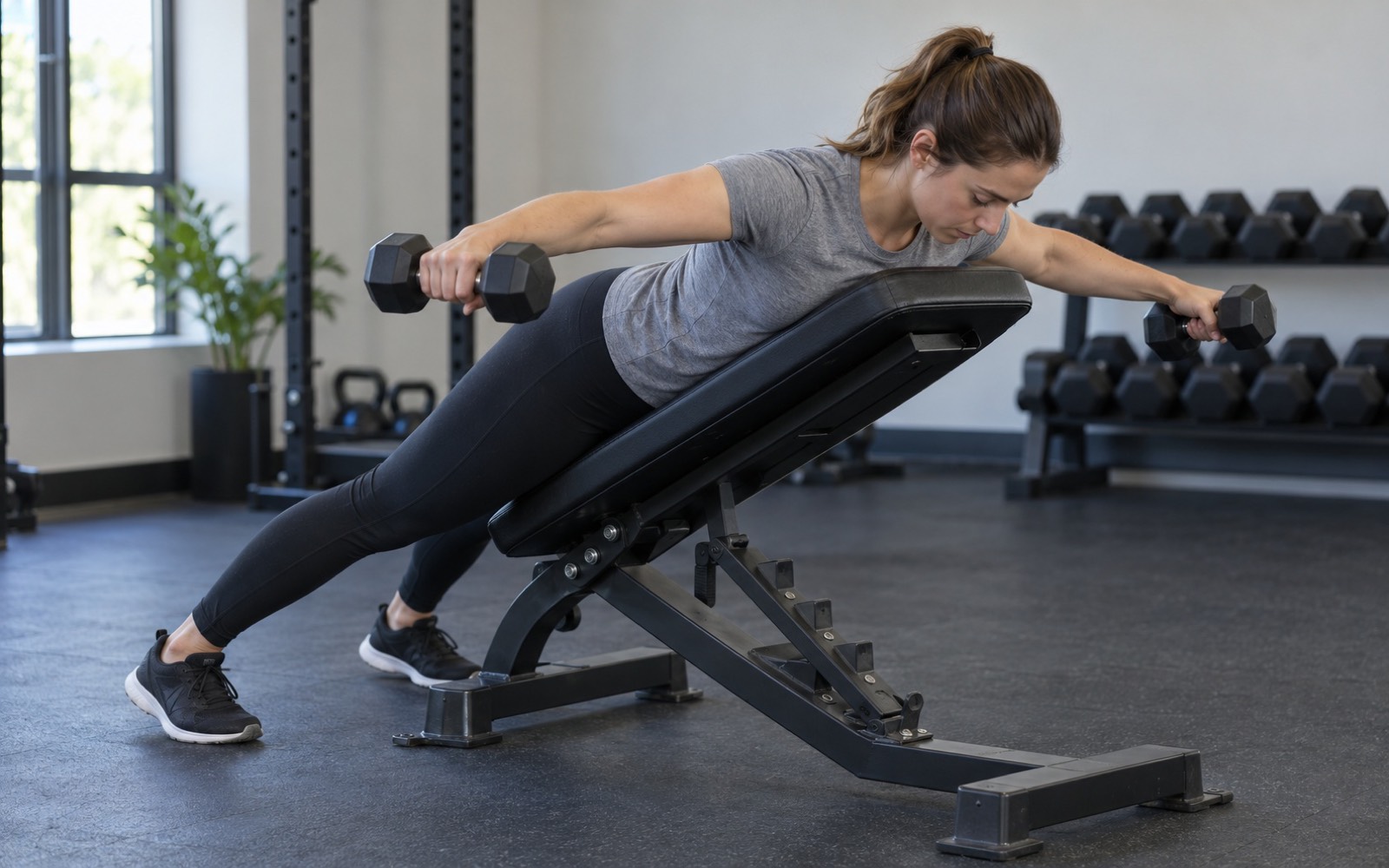 A woman lying chest-down on a 35-degree incline bench performing a chest-supported dumbbell reverse fly, palms facing each other.