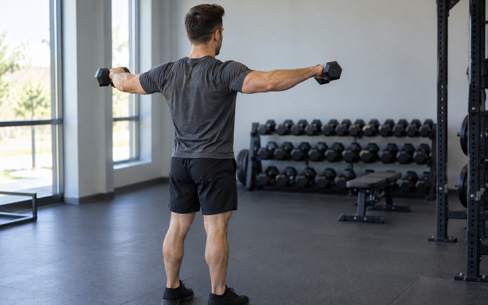 A man at the top of a standing dumbbell lateral raise, seen from behind: arms exactly at shoulder height, shoulders pulled down.