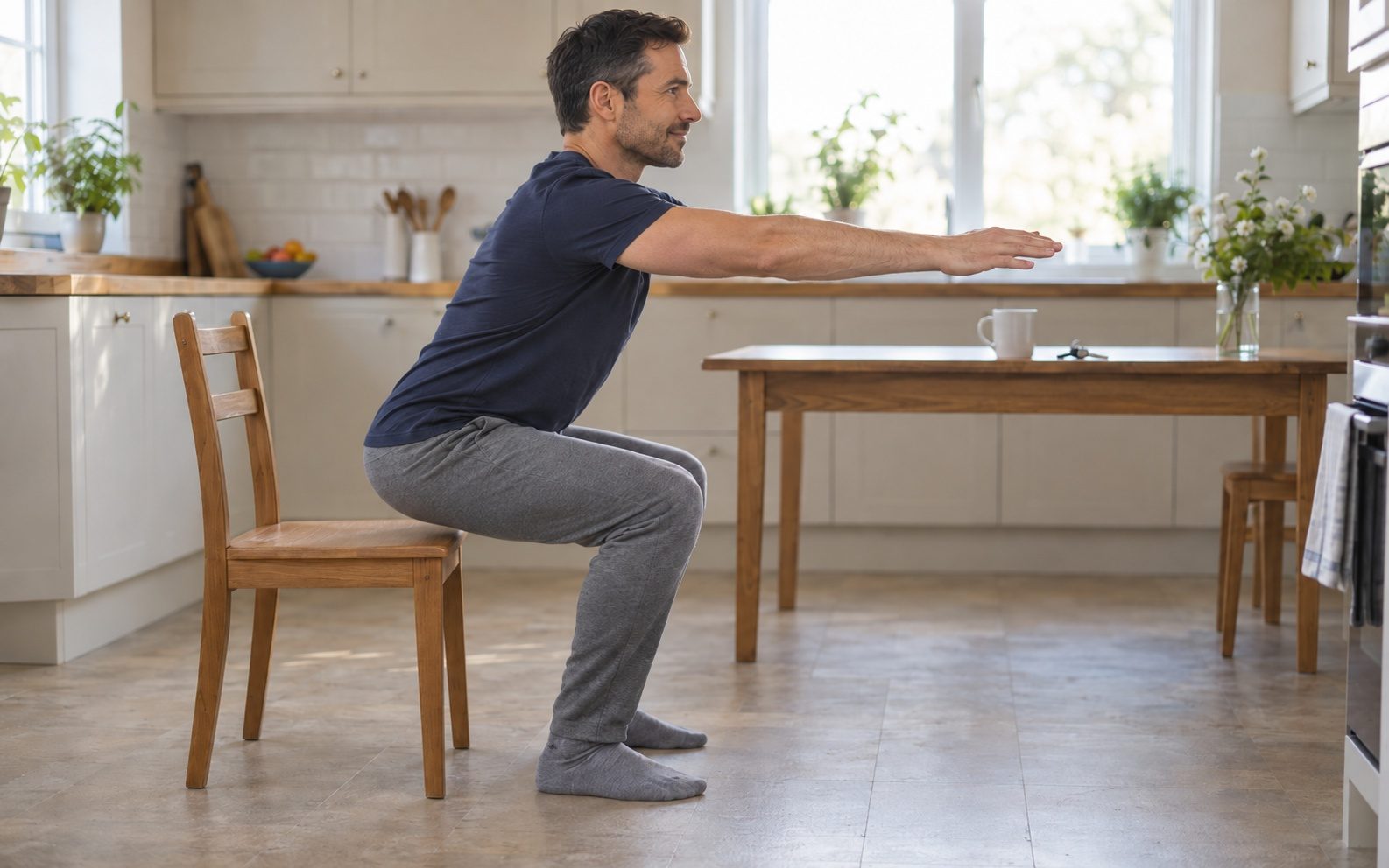 A man in his kitchen in the morning squatting down to a chair, hips back over the seat, arms reaching forward