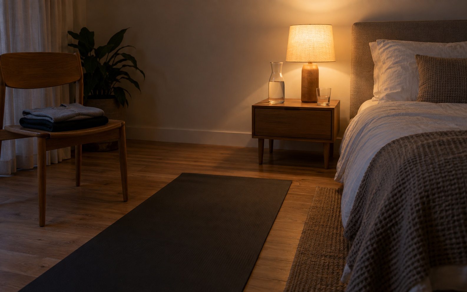 An evening bedroom with a mat rolled out by the bed, folded clothes on a chair and a carafe and glass of water on the nightstand