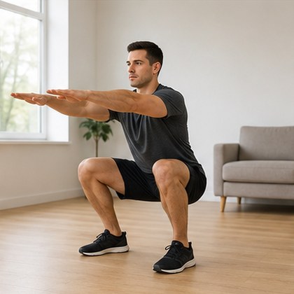 A man doing a bodyweight squat with his arms out in front