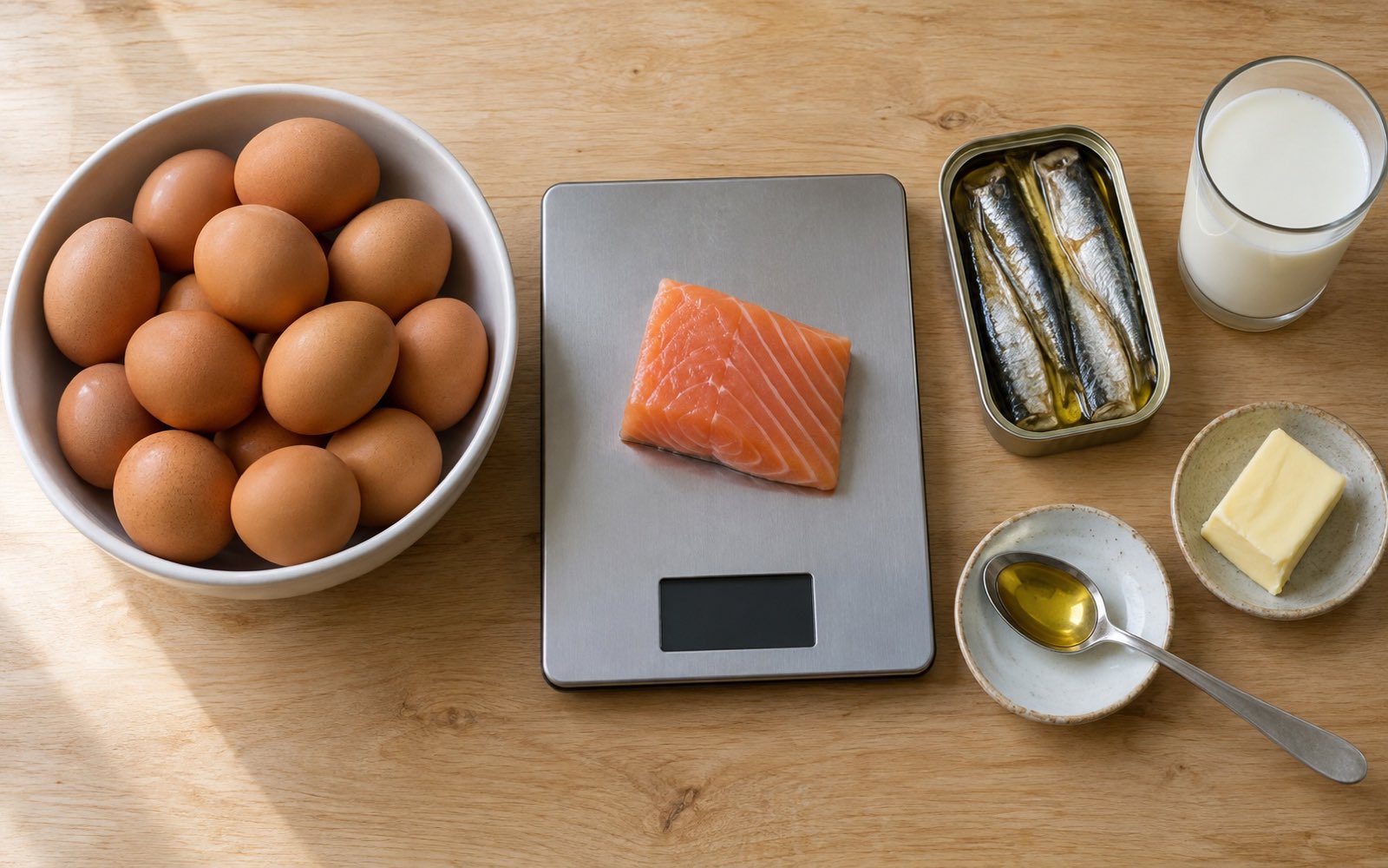 A kitchen scale with a salmon fillet next to a bowl of eggs, a tin of sardines, a spoonful of cod liver oil, butter and milk