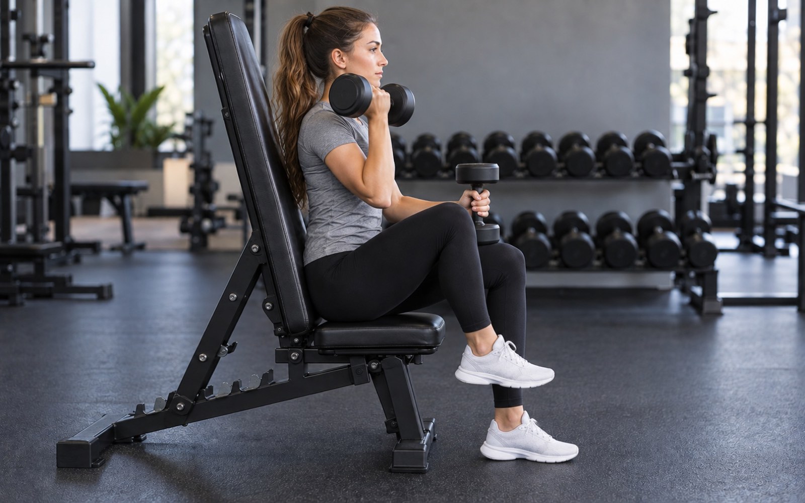 A woman kicking a dumbbell up to her shoulder with her knee, the second dumbbell still resting on her thigh.