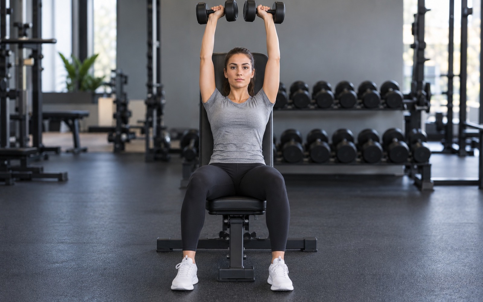 A woman at the top of the seated dumbbell shoulder press, front view, arms almost straight.