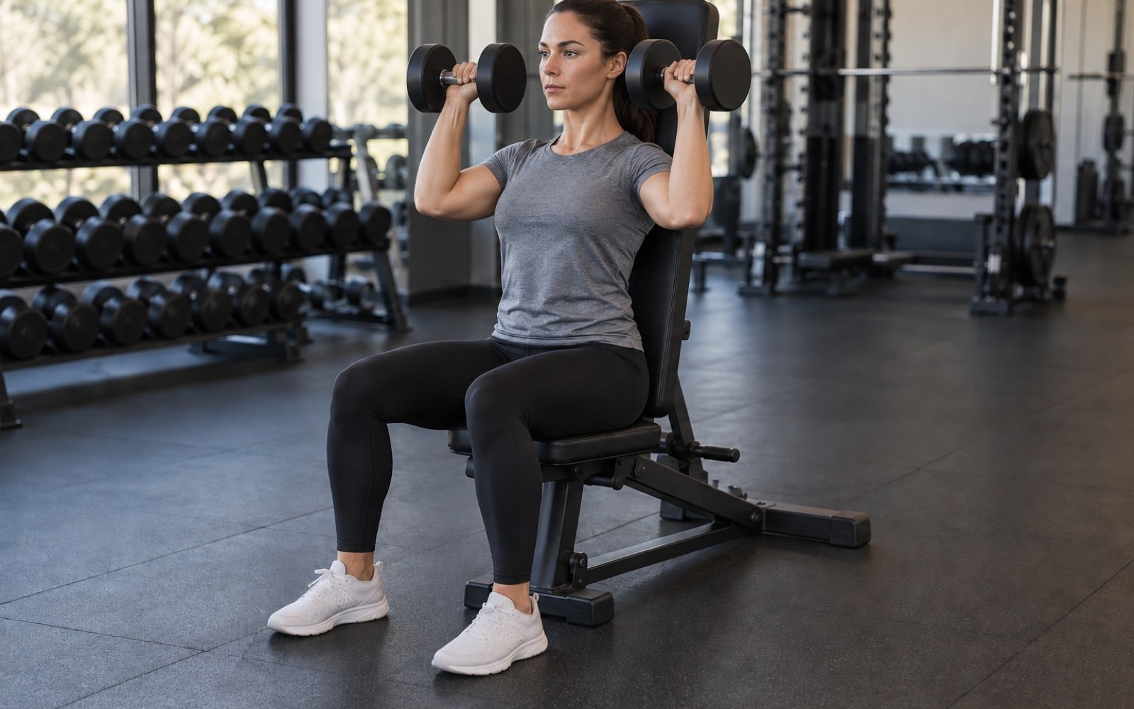 A woman seated on a bench performing a seated dumbbell shoulder press, three-quarter front view, starting position with the dumbbells at ear level.