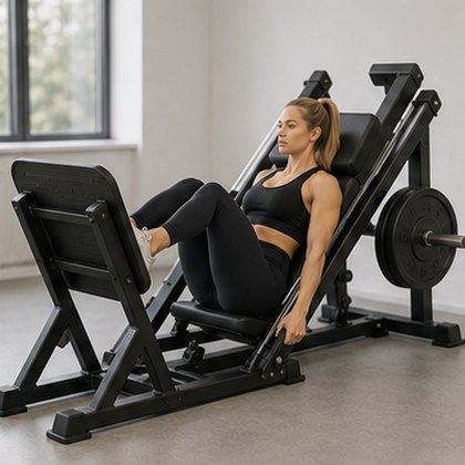 Grid of app library photos: a man and a woman performing the 45-degree leg press — Leg press, women’s set