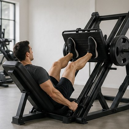Grid of app library photos: a man and a woman performing the 45-degree leg press — Leg press, men’s set