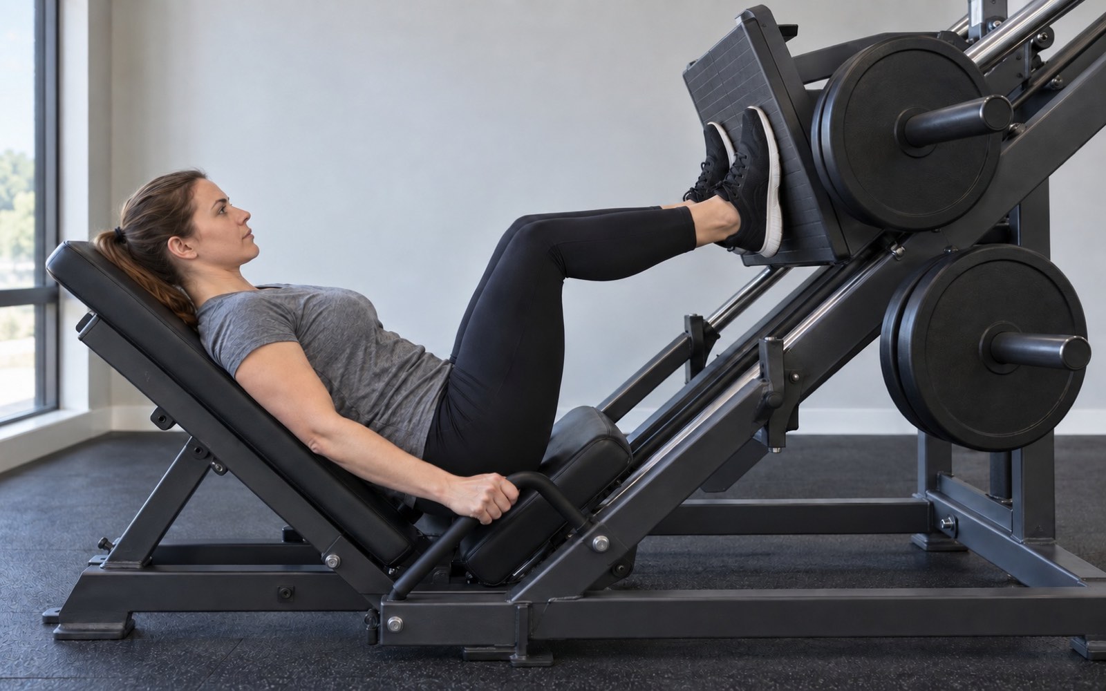 A woman on a 45-degree leg press machine, side view, mid-rep, head resting on the backrest, plain plates with no numbers