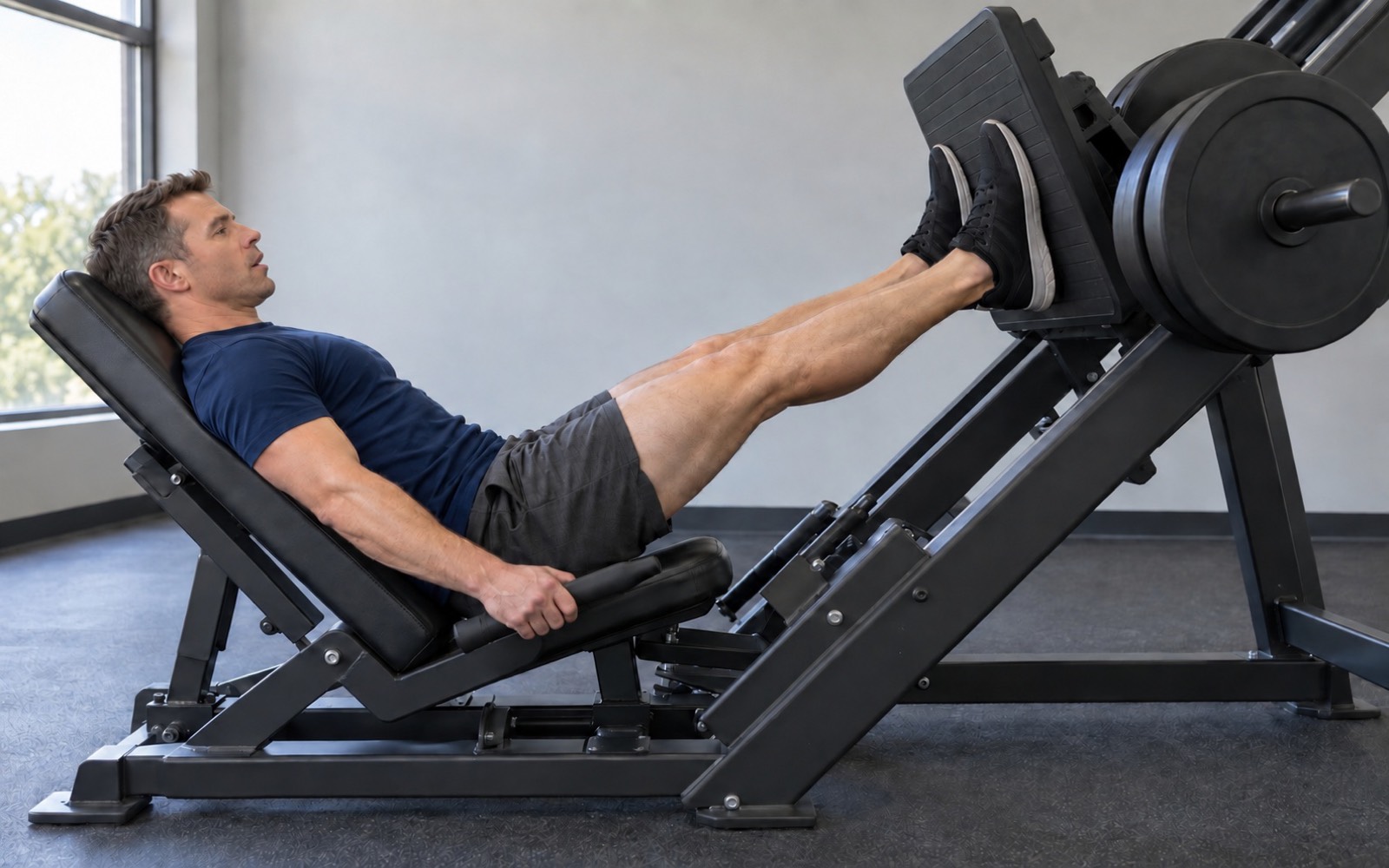 A man at the top of a leg press repetition, knees nearly straight but soft, lips slightly parted on an exhale