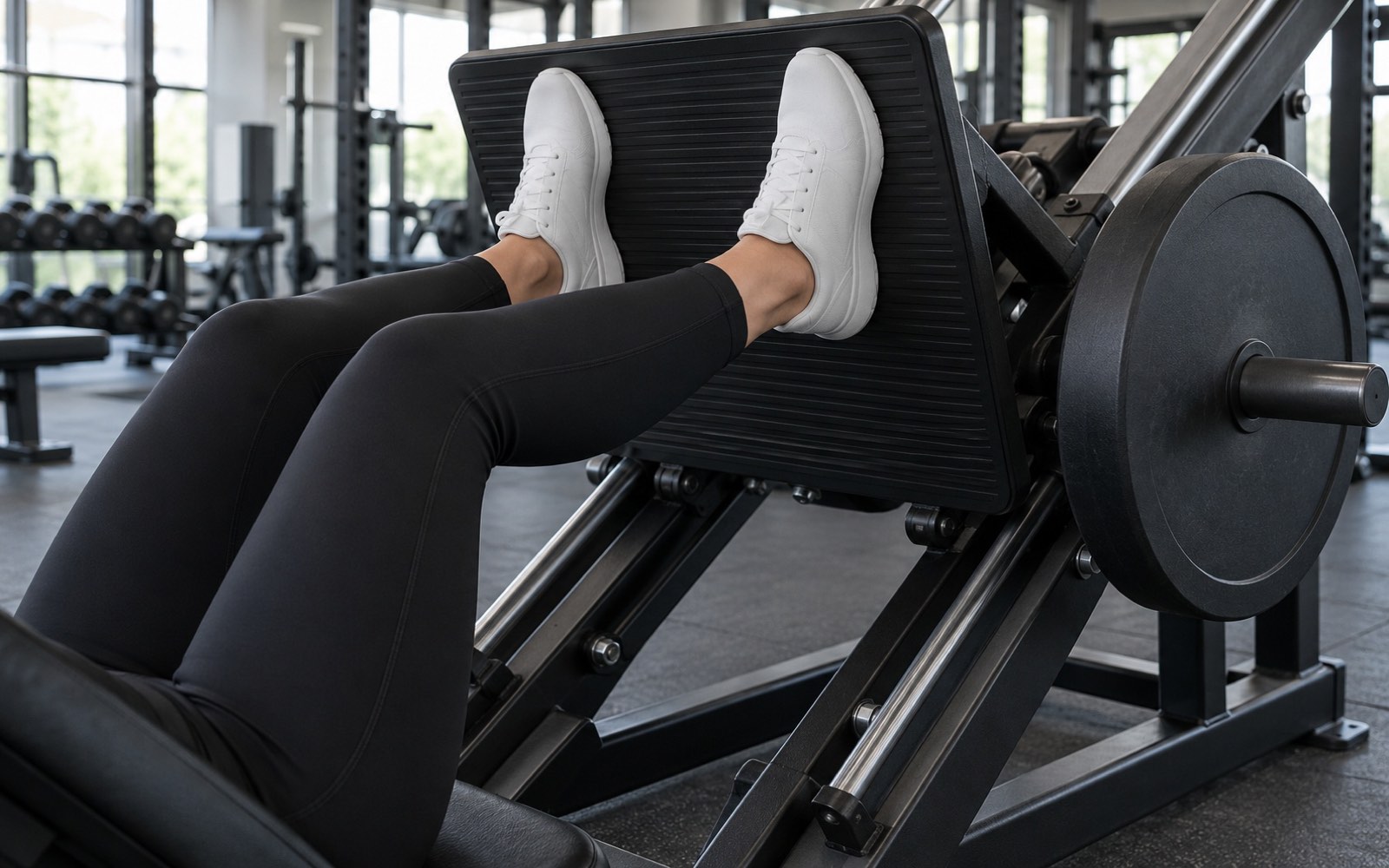 Close-up of feet in sneakers at the top edge of a leg press footplate, positioned hip-width apart