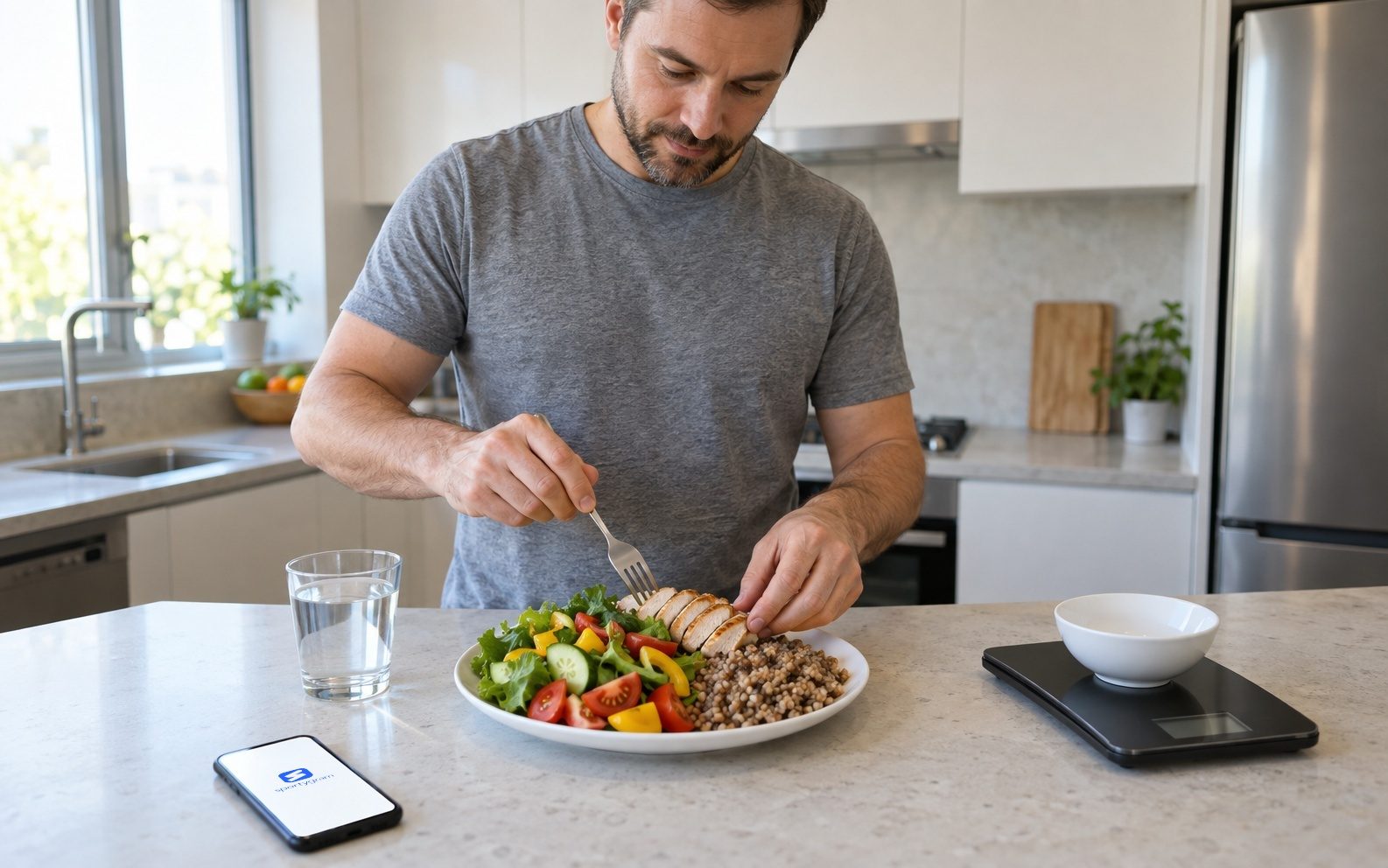A man at his kitchen counter plating lunch: half vegetables, plus chicken and buckwheat, next to a kitchen scale with an empty bowl, a glass of water and a phone showing Sportygram