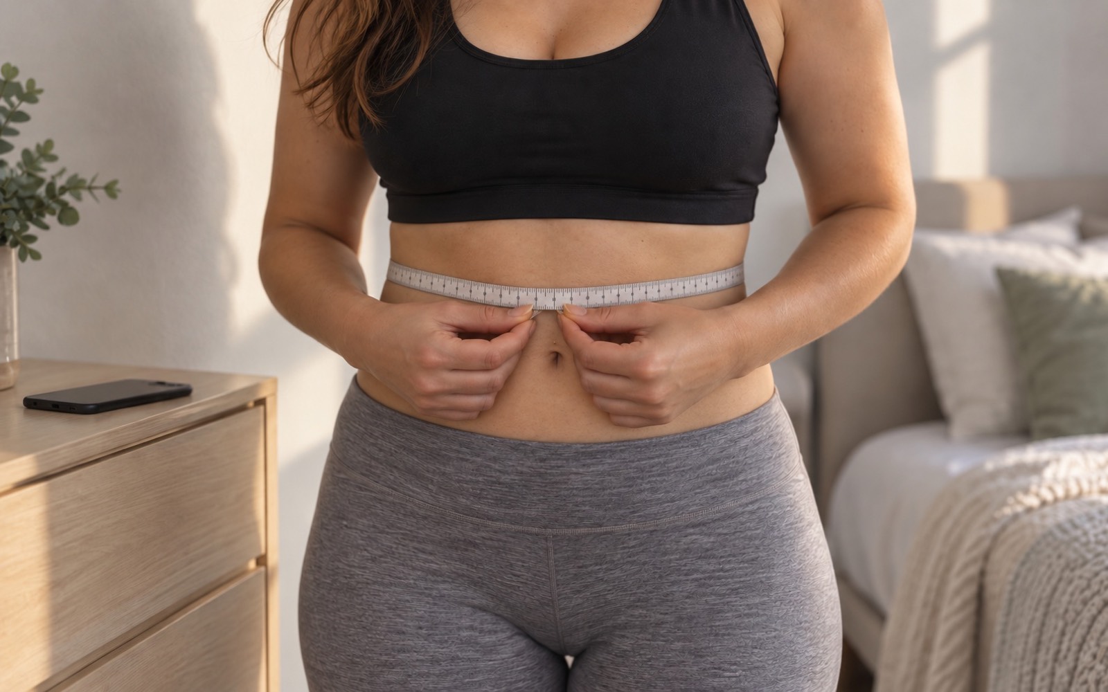A woman in a sports bra measuring her waist with a tape measure at belly-button level